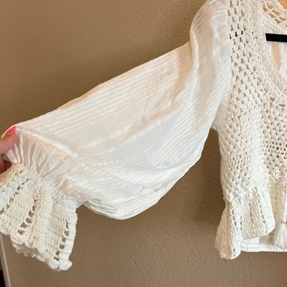 Free People White Crochet Peasant Blouse